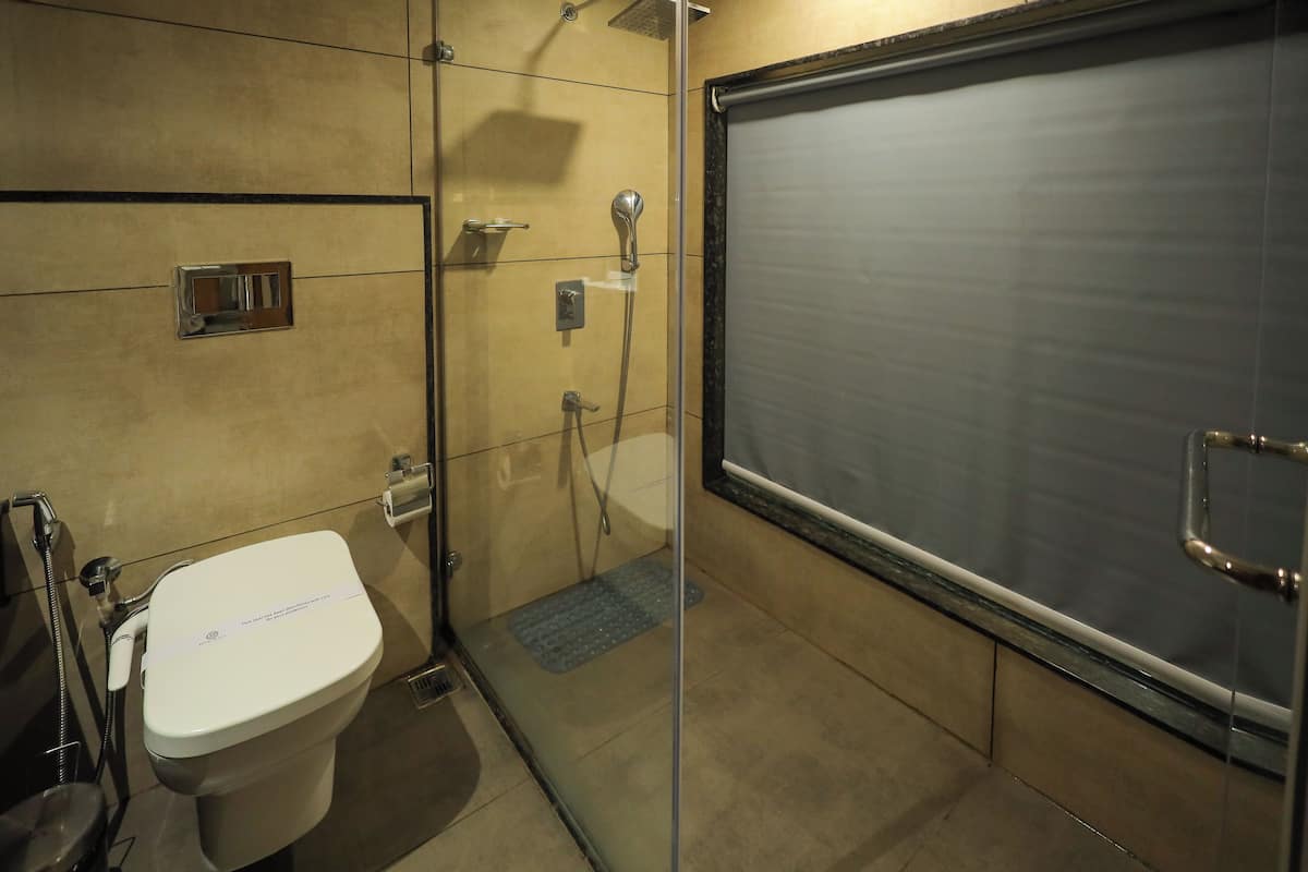 A modern bathroom with a glass shower enclosure, a toilet, and a large mirror.