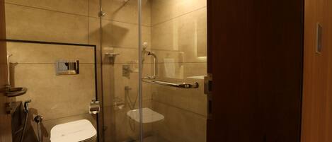 A modern bathroom with a glass-enclosed shower, a toilet, and a handrail.