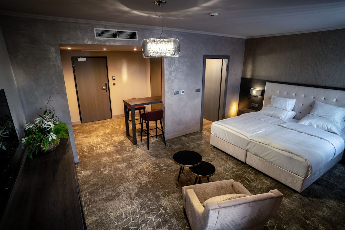 A hotel room with a large bed, a desk, two chairs, a small table, and a potted plant.