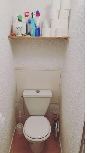 A small bathroom with a toilet, a toilet brush, and a shelf above holding cleaning supplies.
