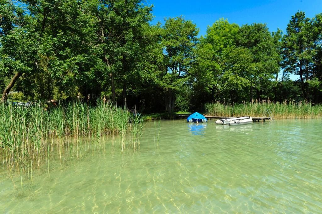 A clear river with a boat docked on the right side, surrounded by dense green trees.