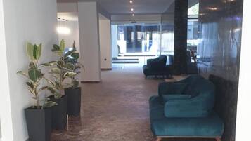 A hallway with a blue sofa, potted plants, and a glass partition.
