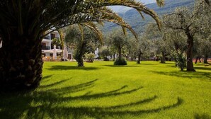 Une pelouse bien entretenue, avec des arbres et un bâtiment en arrière-plan.