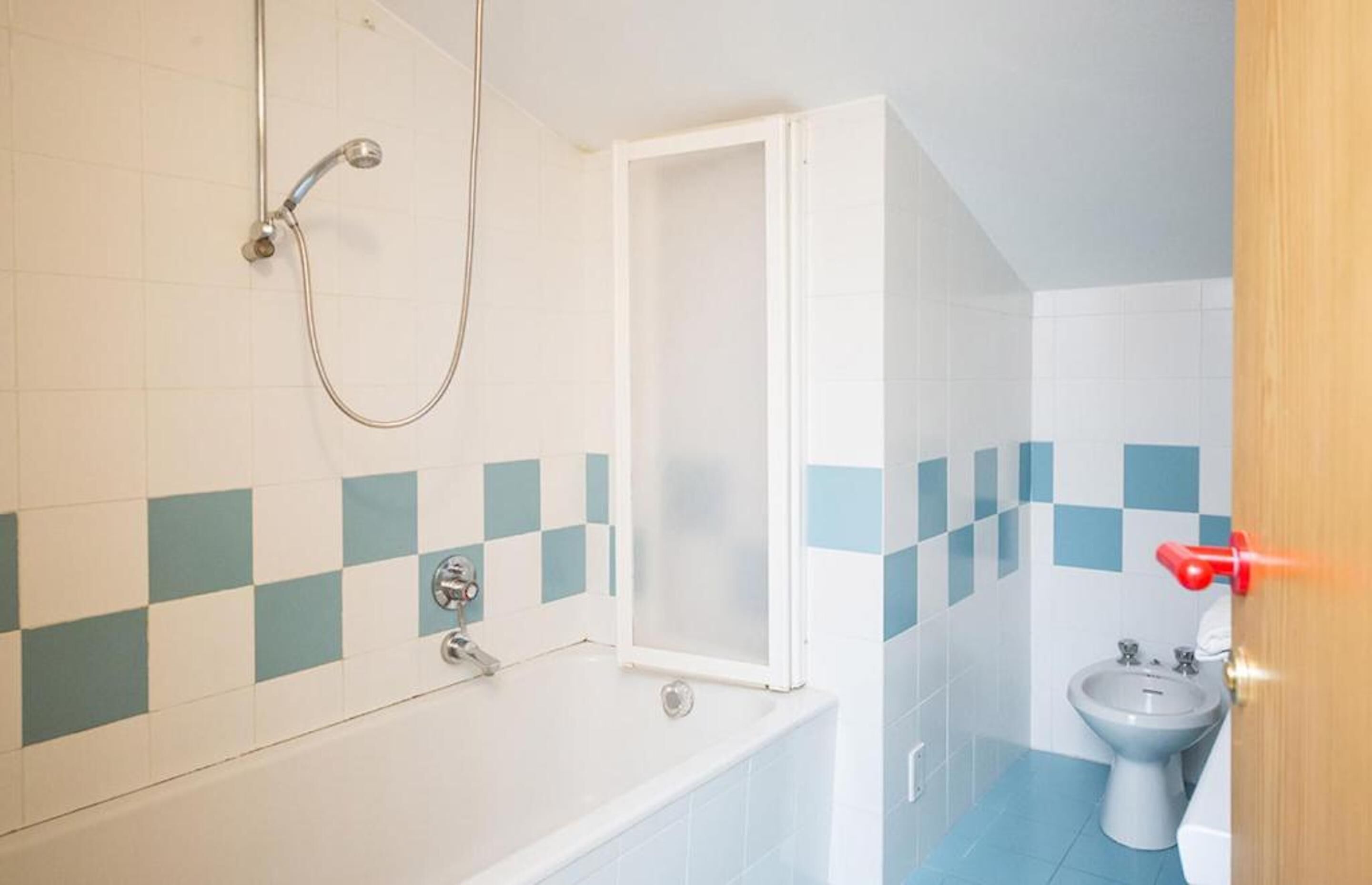 Een badkamer met een bad, douche en een hygiëneschuimer.