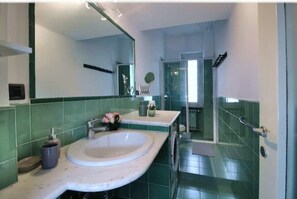 Een douche, een haardroger, een bidet, handdoeken