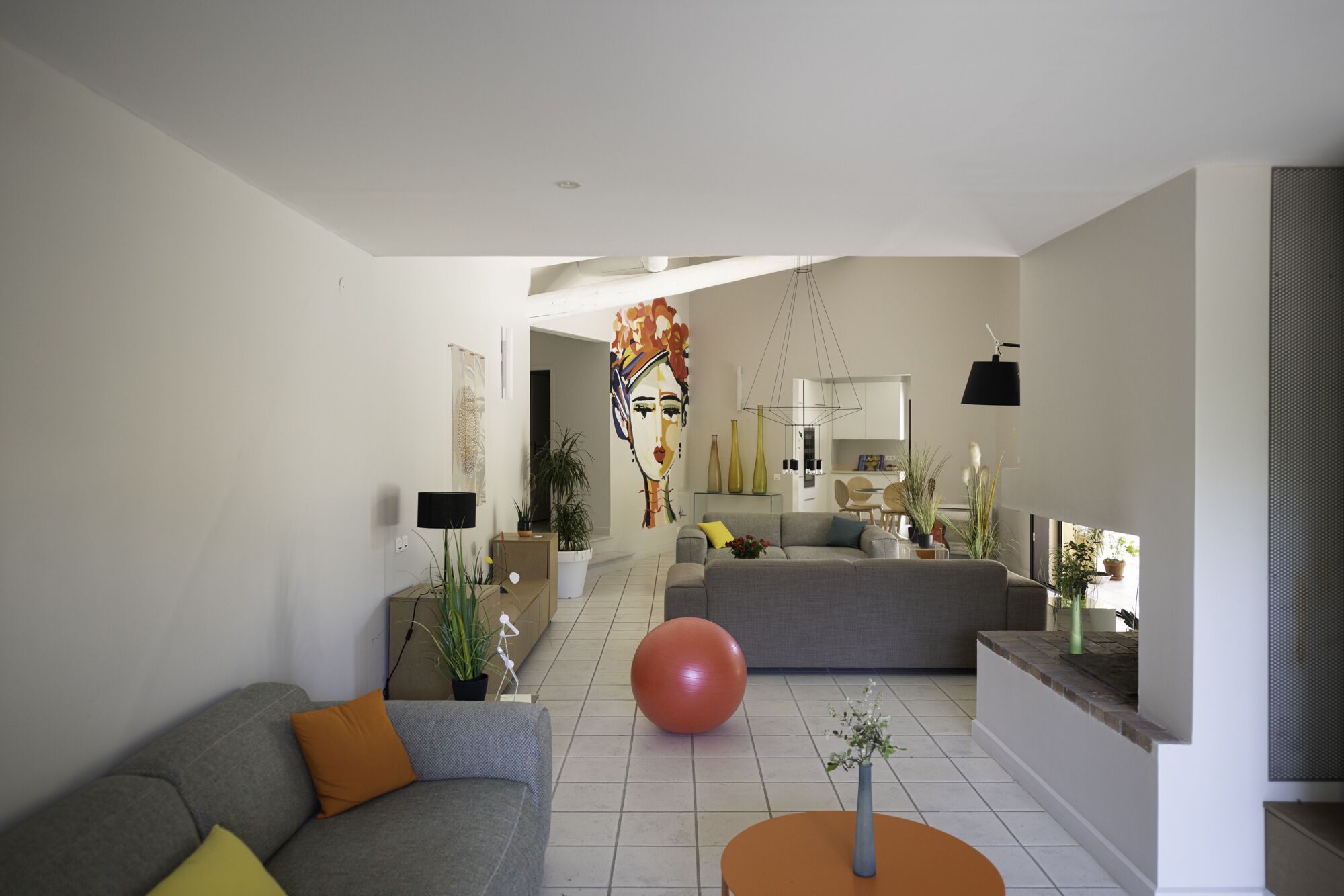 Televisión, chimenea, mesa de ping pong, libros