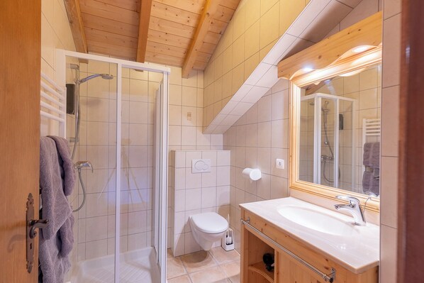 A modern bathroom with a glass shower enclosure, a toilet, and a vanity with a mirror. - Savoy Morzine (Morzine)