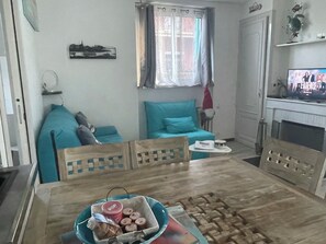 TV, fireplace, DVD player, books