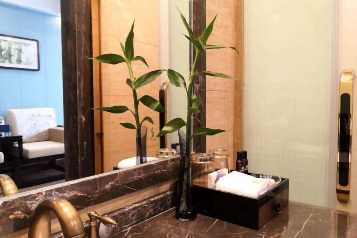 Un baño con lavamanos de mármol, un espejo grande, un mueble de tocador negro y una planta de bambú.