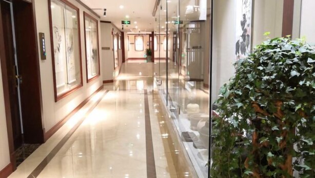 A hotel corridor with glass doors, a polished floor, and a potted plant. - Shangpin Huangting Kangyang Hotel (Ningxiang)