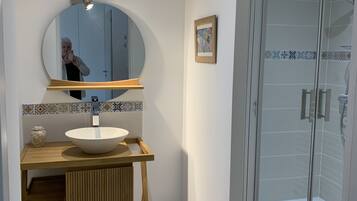 Hair dryer, towels, soap