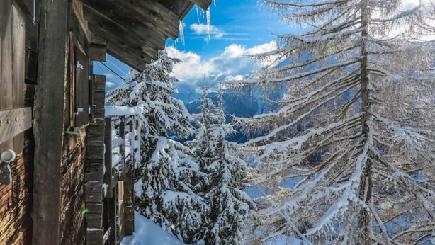 Eine Holzhütte mit Blick auf verschneite Bäume und Berge.