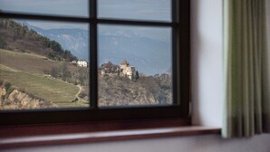 A view through a window of a building with a mountainous landscape, including a castle-like structure. - Apartment "Gojer Sauvignon" with Mountain View, Garden & Wi-Fi (Cornedo all´Isarco)