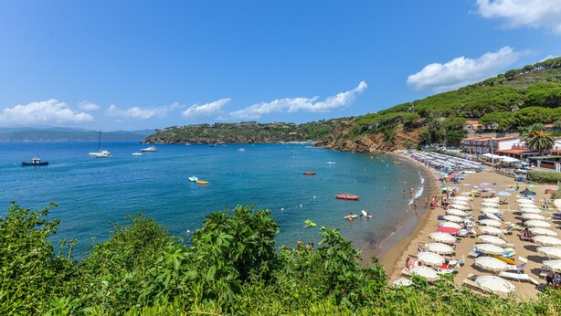 Une plage côtière avec des bateaux, des parasols et une cha îne de collines en arrière-plan.