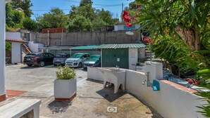 Un espace de stationnement avec plusieurs voitures, un petit lavabo et une plante en pot.