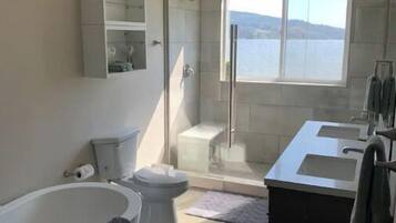 Een moderne badkamer met een bad, toilet en douche.