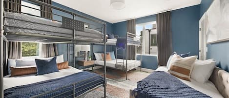 4 bedrooms, desk, iron/ironing board, travel cot