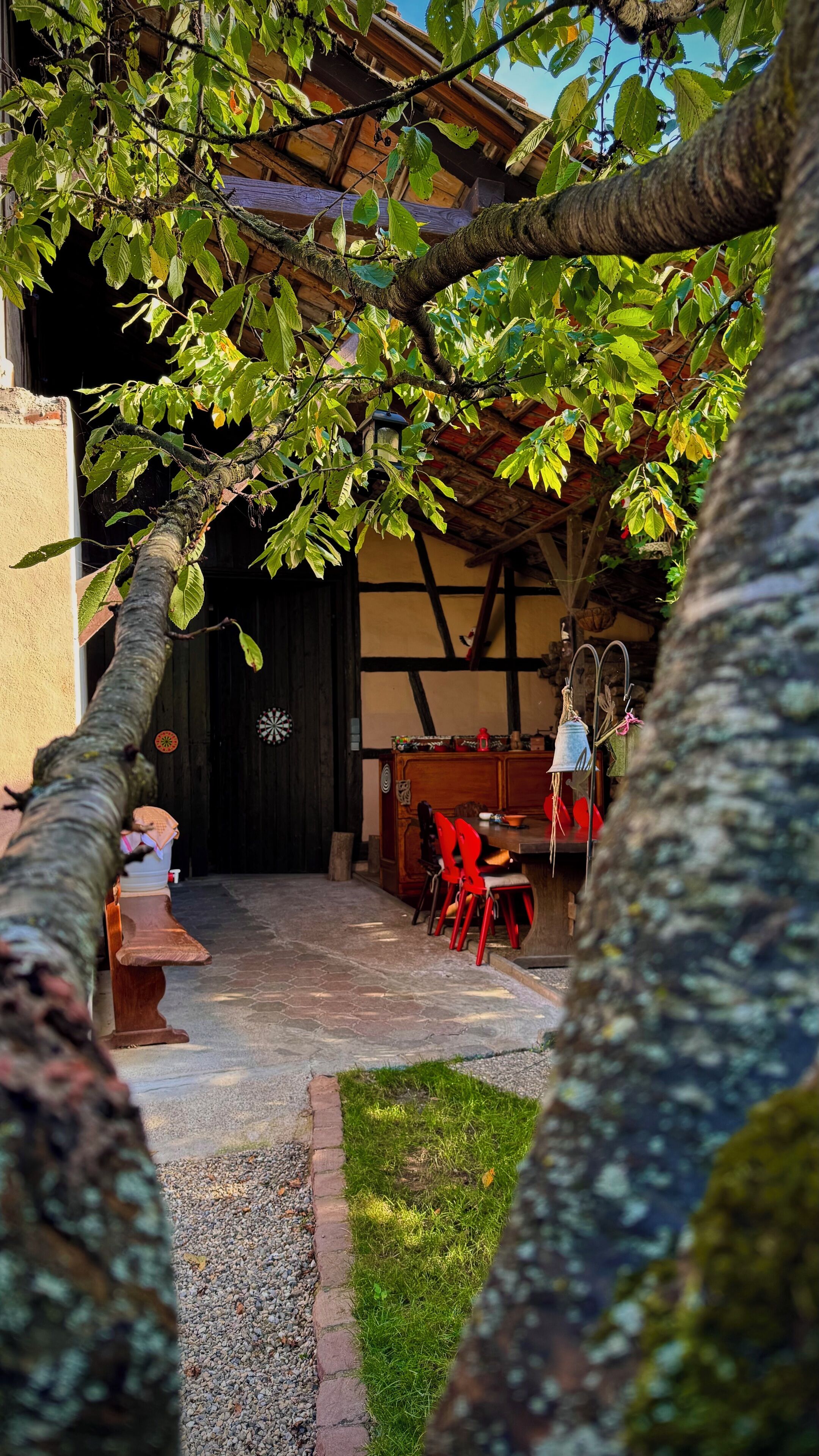 Un espace extérieur aménagé dans un style rustique, avec une table et des chaises en bois, un petit banc et une lampe décorative.