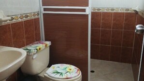 Une salle de bain comprenant des toilettes, un lavabo et un espace douche.