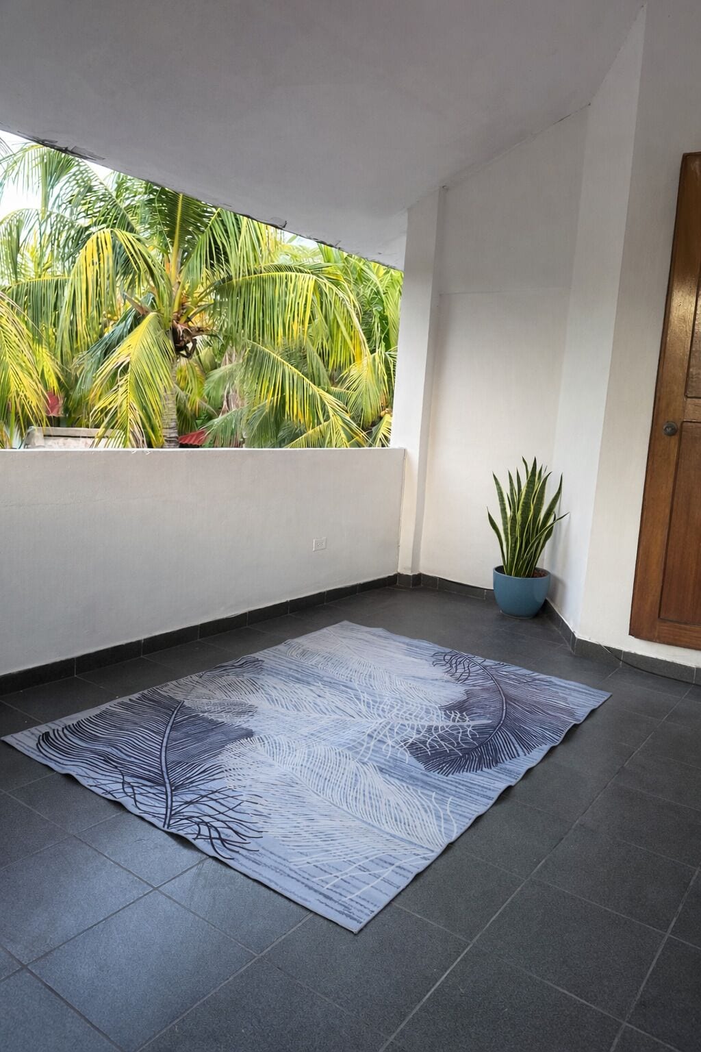 A balcony with a view of palm trees, a potted plant, and a patterned rug.
