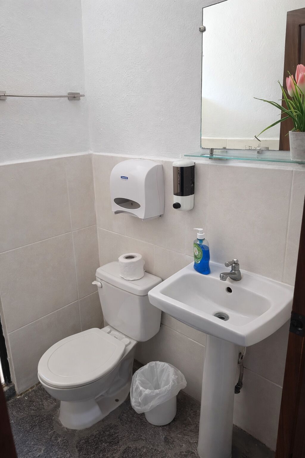 A bathroom with a toilet, a sink, a trash bin, a soap dispenser, and a toilet paper roll.