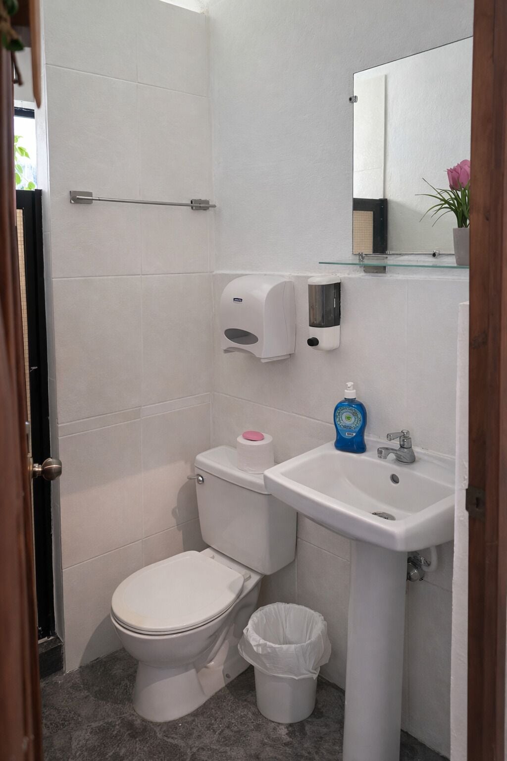 Ein kleines, sauberes Badezimmer mit Toilette, Waschbecken und Seifenspender.