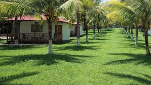 A row of bungalow-style accommodations with red roofs, surrounded by well-maintained grass and palm trees.