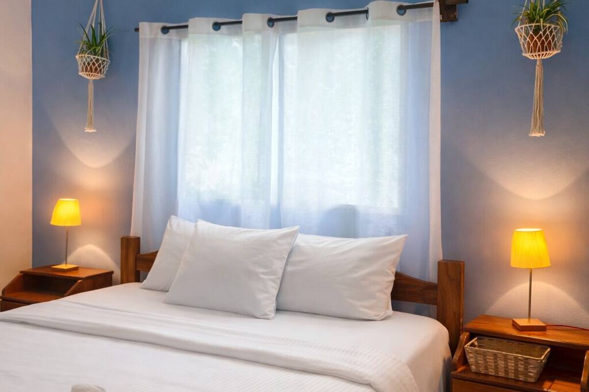 Ein ordentlich bezogenes Bett mit weißen Leinen, einer blauen Akzentwand und zwei Nachttischlampen.