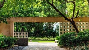 A paved pathway leading through a lush garden with a wooden fence and greenery on either side.