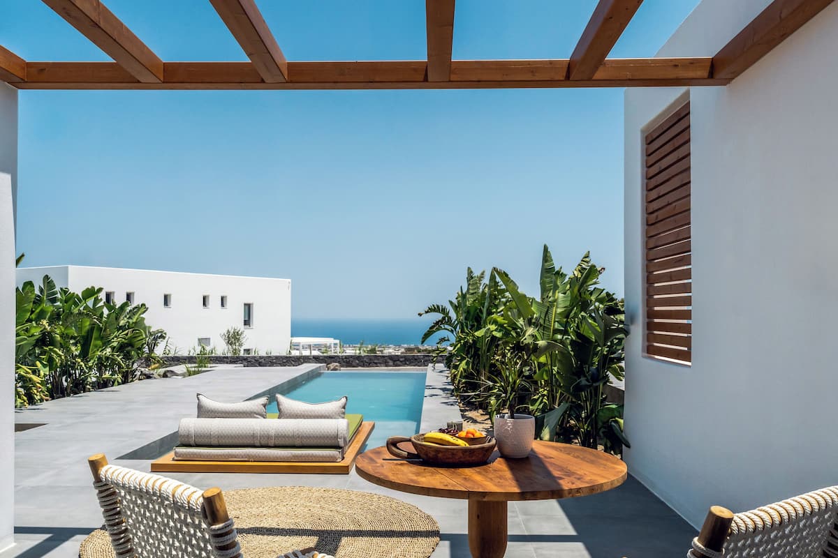A rooftop terrace with a pool, seating area, and potted plants.