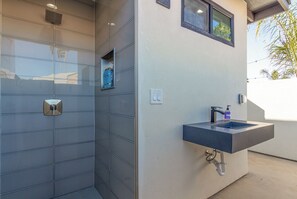Shower, hair dryer, towels, soap