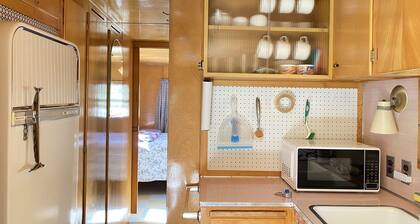 Vintage wood paneled travel trailer on Kernville Ranch with horses and hot tub