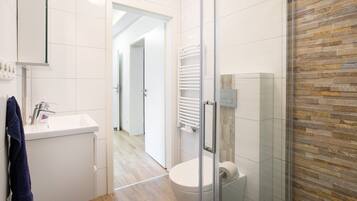 Regadera, secadora de cabello, toallas