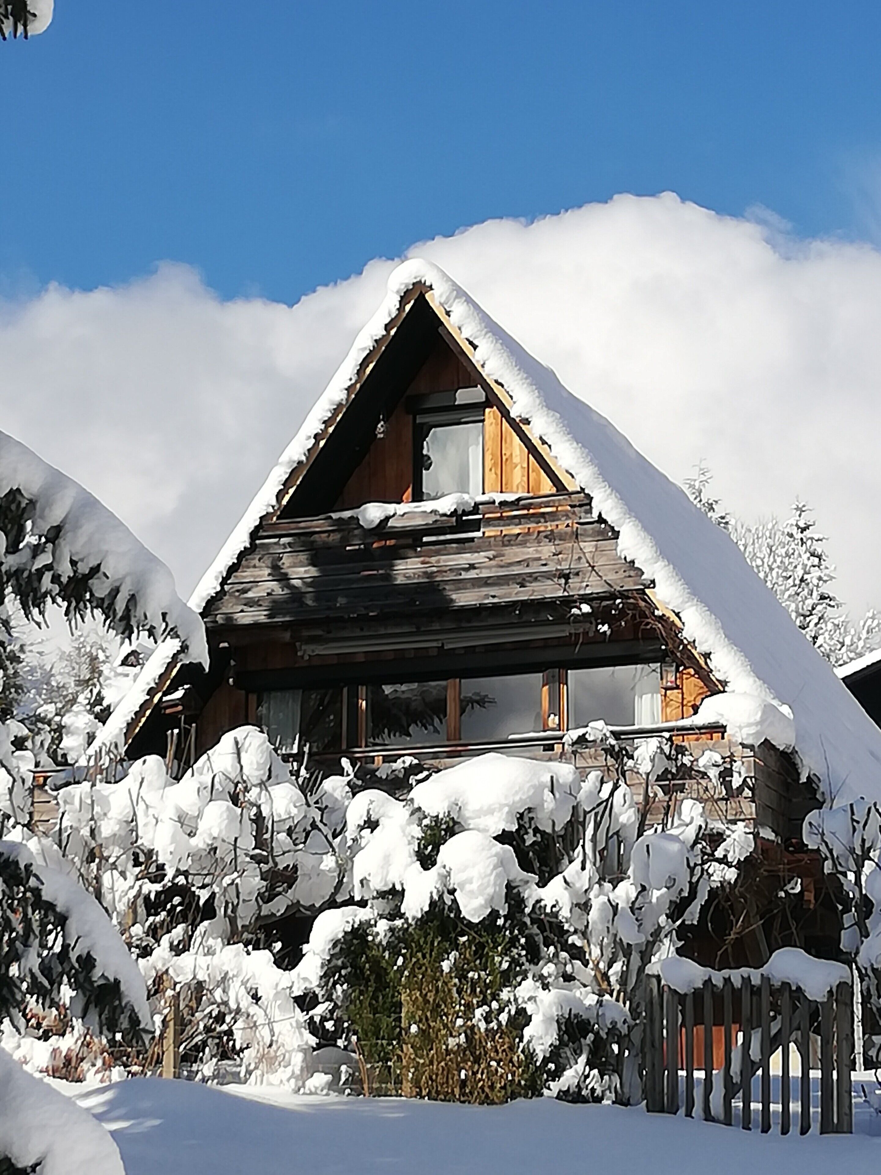 Una baita di legno con tetto spiovente, circondata da alberi imbiancati dalla neve e una recinzione in legno.