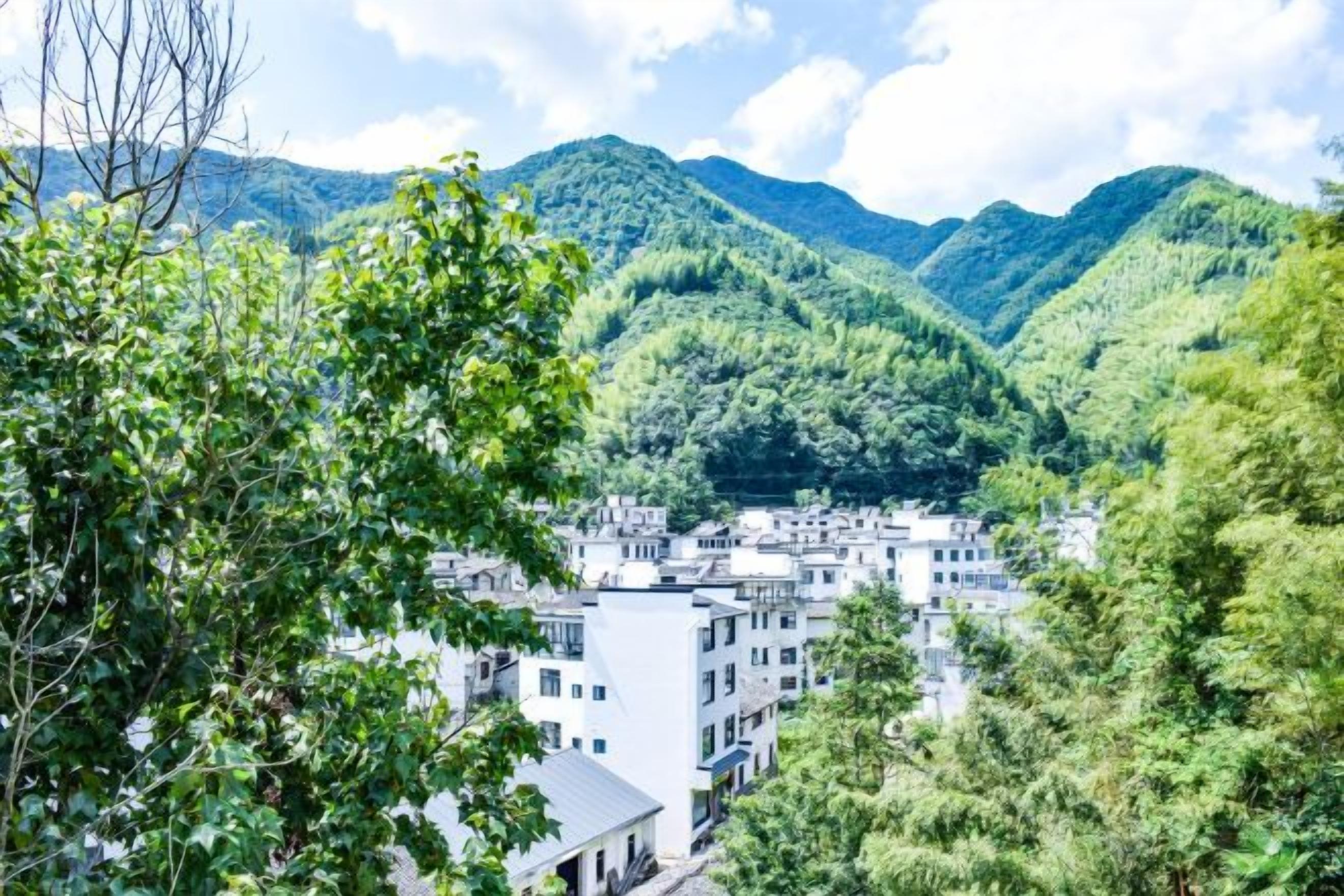 Eine Stadt eingebettet in ein Tal, umgeben von üppigen grünen Hügeln.