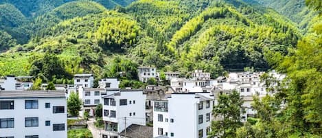A cluster of white buildings with flat roofs, surrounded by lush green hills.