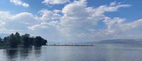 Un lago tranquilo con cielo despejado y una orilla lejana.