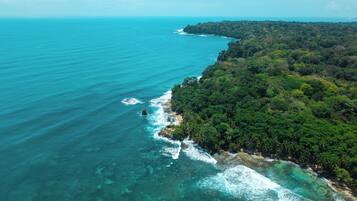 Vista aérea de una zona costera con aguas turquesas cristalinas, vegetación verde exuberante y una franja de playa estrecha.