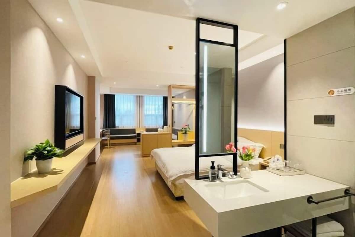 A modern hotel room with a large mirror, a bed, a bedside table, a TV, and a potted plant.