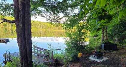 Waterfront Cabin- look down on water from deck, private docks & fire pit