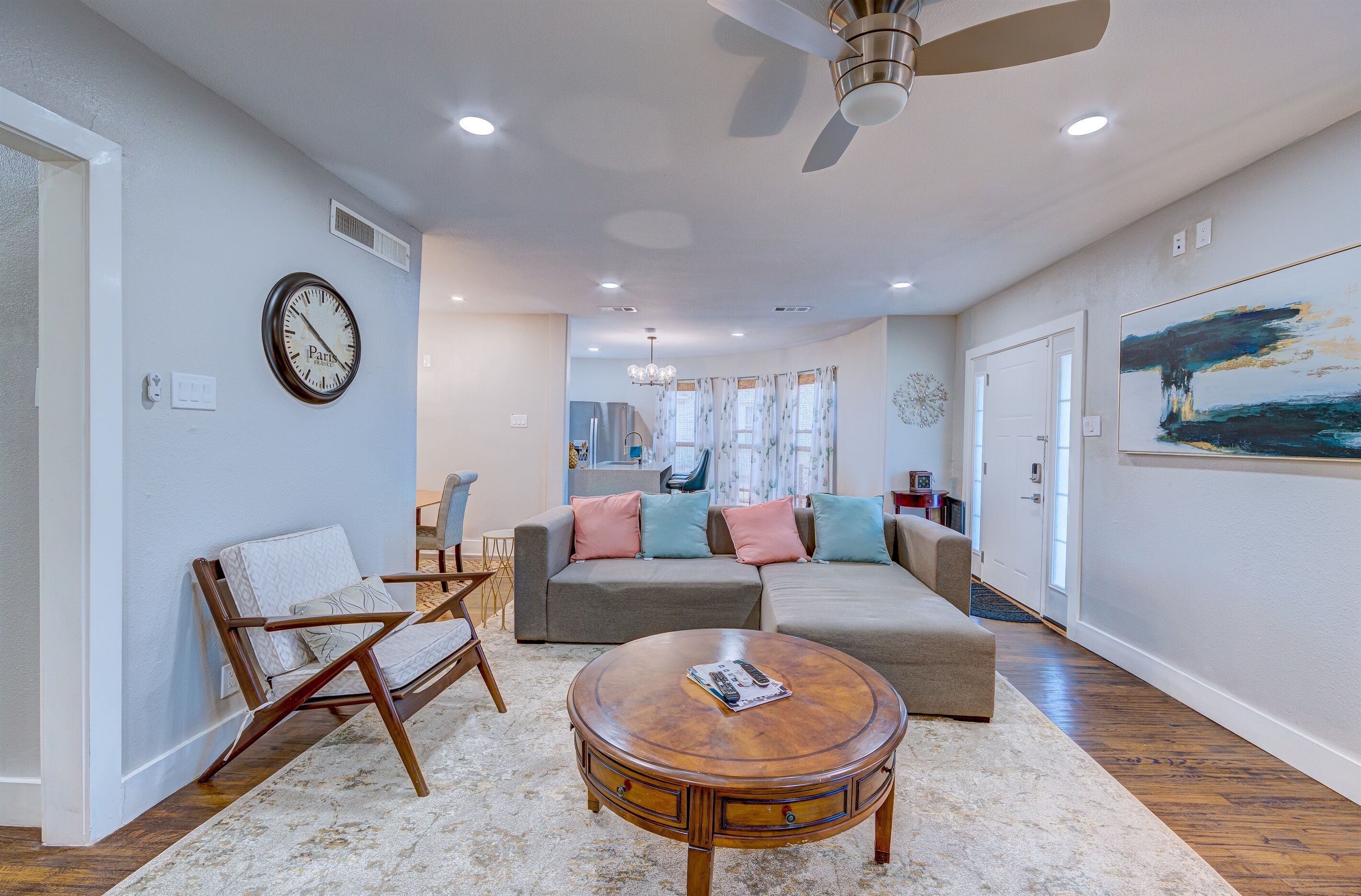 Smart TV, fireplace, books