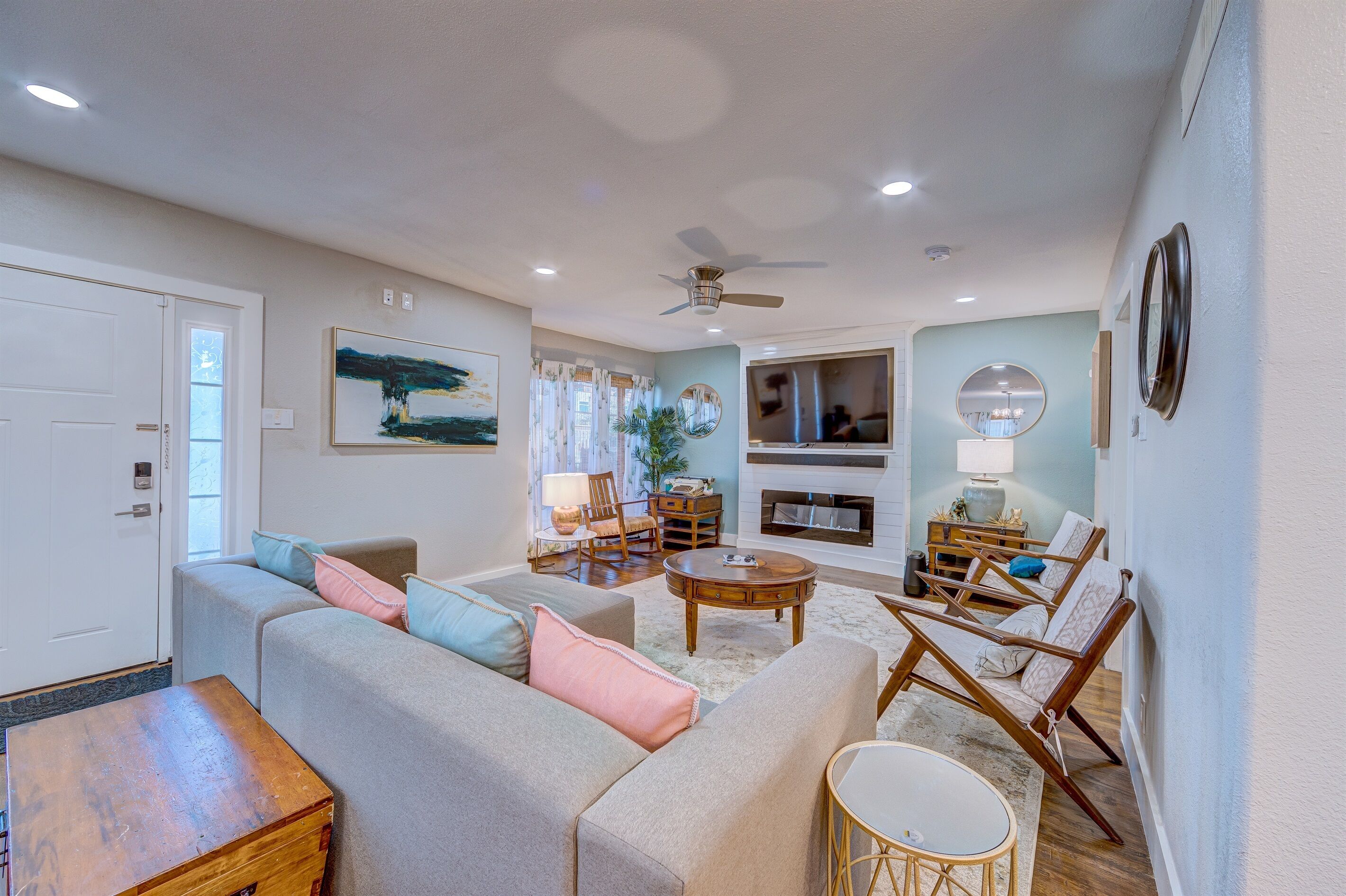 Smart TV, fireplace, books