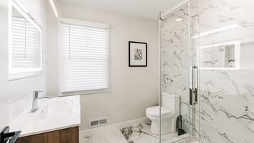 Shower, hair dryer, towels, soap