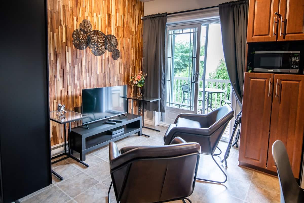 A modern living room with a wooden accent wall, a flat-screen TV, a glass coffee table, two leather chairs, and a view of greenery through a sliding glass door.