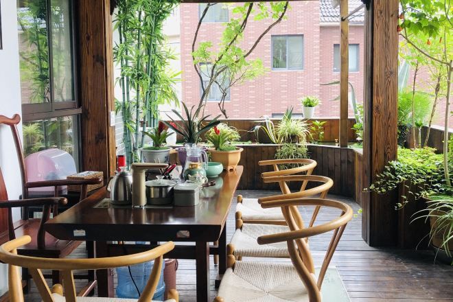 A wooden dining table with chairs, surrounded by potted plants, in a room with large windows and a view of a brick building.
