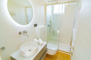 Chuveiro, secador de cabelo, toalhas de banho 