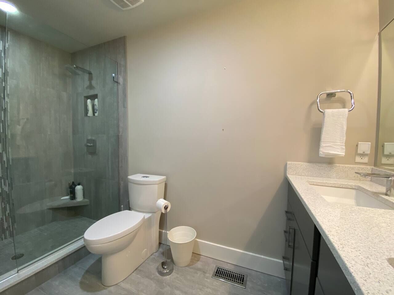 A modern bathroom with a glass shower enclosure, a toilet, a sink with a mirror, and a towel rack.