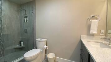 A modern bathroom with a glass shower enclosure, a toilet, a sink with a mirror, and a towel rack.