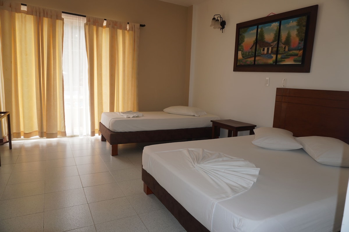 Una habitación de hotel con dos camas, un cuadro en la pared y un ventanal con cortinas.