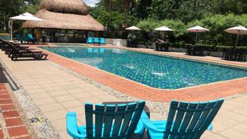 Outdoor pool, open 10:00 AM to 9:00 PM, pool umbrellas, pool loungers
